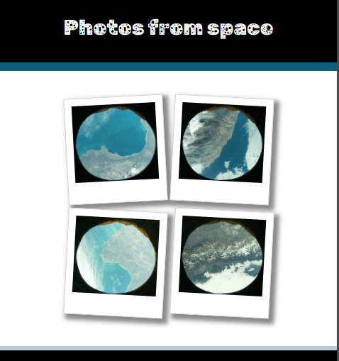 Screenshot of webpage with the title Photos from Space and the four images from space.