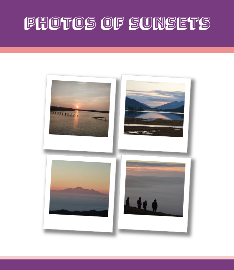 Screenshot of webpage with the title Photos of sunsets and the four images of sunsets from around the world.